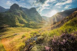 Blick in ein grünes Bergtal. Die Sonne strahlt hinter einem der Berge hervor. Im Vordergrund lila Heidekraut.