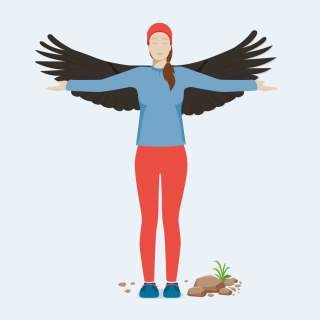Illustration einer stehenden Frau, sie hebt beide Arme seitlich nach oben