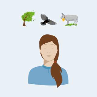 Illustration einer Frau mit geschlossenen Augen, über ihr sind ein Baum im Wind, ein Adler und eine Kuh mit Glocke abgebildet.