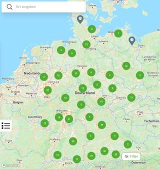 Karte von Deutschland mit grünen Kreisen, die verschiedene numerische Werte in verschiedenen Regionen darstellen. Die Karte zeigt auch angrenzende Länder wie Niederlande, Belgien, Luxemburg, Österreich und Tschechien.