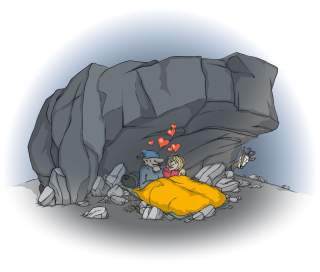 Illustration eines Paares beim Notbiwak am Berg Illustration eines Paares beim Notbiwak am Berg