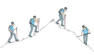 Illustration von Menschen, der am Berg Stöcke einsetzt Illustration von Menschen, der am Berg Stöcke einsetzt