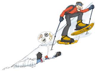 Illustration eines im Schnee versunkenen Menschen und eines Menschen mit Schneeschuhen