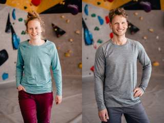 Funktionale Pullover in grau mit dezentem Berge-Print für Herren und in grau-blau für Damen