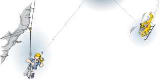 Illustration eines Menschen der am Klettersteig vom Helikopter gerettet wird