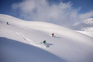 Drei Skifahrer fahren einen flachen Tiefschneehang hinab.