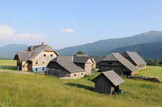 Gebäudeensemble mit einem Bauerrnhaus und mehreren Scheunen und Nebengebäuden aus Holz