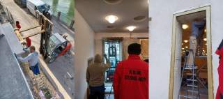 Steinmetzarbeiten am Haupteingang des Alpinen Museums