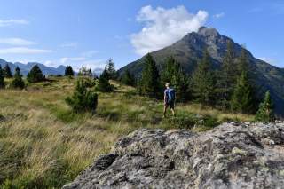 Wanderer läuft über Bergwiese mit Gipfelpanorama