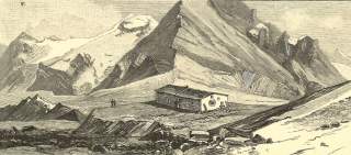 Altertümliche Zeichnung der Stüdlhütte mit Stüdlgrat am Großglockner im Hintergrund