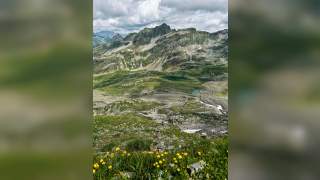 Karge, verkarstete Hochgebirgslandschaft, im Vordergrund gelbe Blumen