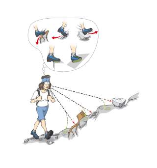 Illustration einer Wanderin, die die folgenden Tritte plant Illustration einer Wanderin, die die folgenden Tritte plant