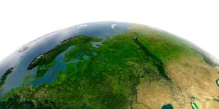 3D-Rendering von Eurasien, auf dem der Ural als Grenzgebirge sehr gut zu erkennen ist.