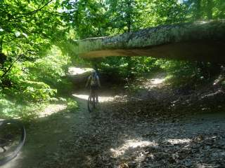 Mountainbiker fährt im schattigen Wald unter einer Brücke aus Fels hindurch.