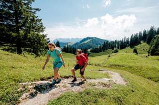 Zwei Menschen wandern Pfad auf Almwiese hinauf