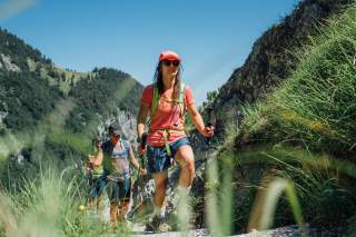 Drei Menschen wandern im Sommer