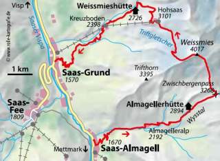Karte: Überschreitung des Weissmies von Saas Almagell nach Saas-Grund