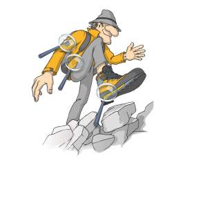 Illustration eines Bergsteigers mit kaputter Kleidung
