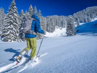 Mensch auf Schneeschuhen in sonniger Winterlandschaft