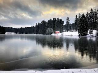 Blick über zugefrorenen See mit Tannen und roter Holzhütte am Ufer