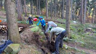 Mehrere Personen, darunter Kinder, graben und arbeiten gemeinsam an einem Erdloch im Wald, umgeben von Bäumen und Moos.