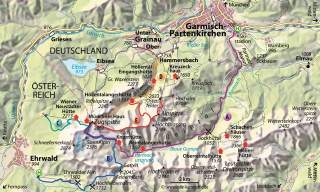 Karte mit den verschiedenen Routen auf die Zugspitze