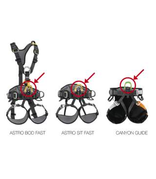Drei verschiedene Klettergurte (Astro Bod Fast, Astro Sit Fast und Canyon Guide) nebeneinander, jeweils mit roten Pfeilen und Kreisen, die die farbigen Metallverschlüsse markieren.