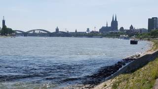 Blick von Norden auf Köln, im scherenschnittartigen Horizont der Dom, die Deutzer Brücke spannt sich über den Fluss.