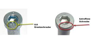 Die neue Ersatzschraube ist mit 8.8 markiert gegenüber der betroffene Schraube, die mit 10.9 graviert ist. (Quelle: Edelrid)