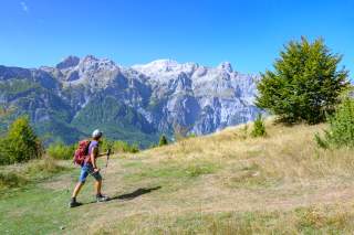 Person mit Rucksack und Wanderstöcken geht auf einem Pfad durch eine bergige Landschaft mit grünem Gras, vereinzelten Bäumen und einem klaren blauen Himmel.