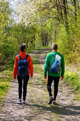 Zwei Menschen wandern auf Waldweg