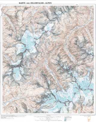 Eine Karte der Zillertaler Alpen, auf der viele große Gletscherflächen zu erkennen sind.