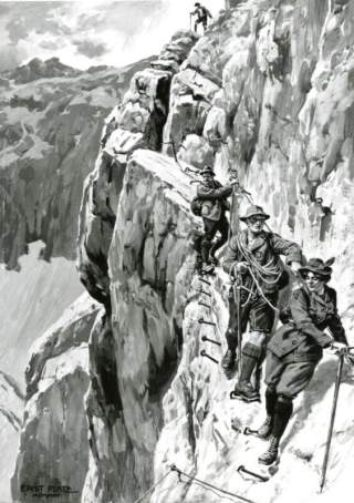 Schwarz-Weiß-Gemälde von Menschen beim Abstieg von der Zugspitze