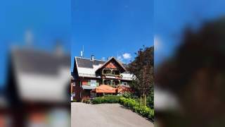 Rot getäfeltes Haus mit grünen Fensterläden und Blumen im Sonnenschein