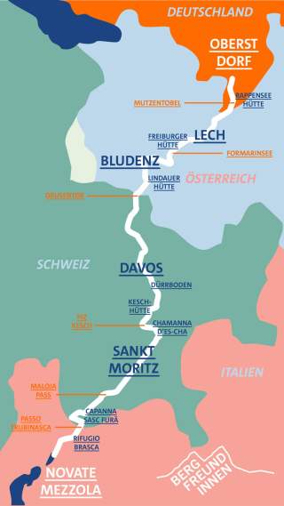 Karte mit der Route der Alpenüberquerung