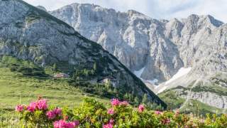 Blick auf Hütte vor Karwendelgebirge