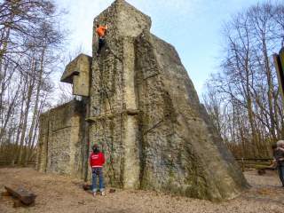 Ein Mann klettert an einem künstlichen Kletterfels im Wald. Die Bäume sind kahl, es scheint Spätwinter oder Vorfrühling zu sein.