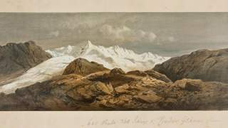 Historisches Gemälde der Nanda-Kot-Kette und des Pindari-Gletschers in Indien. Geamlt von Aldoph Schlagintweit am 29. Mai 1855.