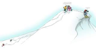 Illustration eines Schneehügels auf dem sich Menschen zur Abfahrt bereit machen