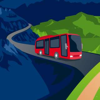 Illustration eines roten Busses auf einer kurvigen Bergstraße mit dunkelblauen Bergen links und grünen Hügeln rechts.