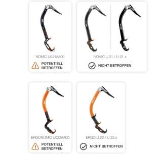 Vergleich von vier Eispickeln mit Kennzeichnung „potentiell betroffen“ für NOMIC U021AA00 und ERGONOMIC U022AA00 sowie „nicht betroffen“ für NOMIC U21/U21x und ERGO U22/U22x.