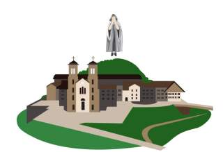 Illustration eines Klosters mit schwebender Marienerscheinung darüber