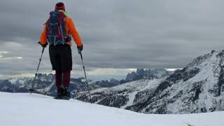 Person mit Schneeschuhen schaut auf wolkenverhangenes Bergpanorama