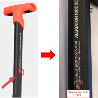 Betroffen sind die Produktionsbatches 1121, 1221 und 0322. Die Information über den Produktionsbatch der Schaufel ist auf dem Schaufelschaft zu finden. (Quelle Mammut)
