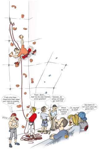 Illustration von Kletternden und Zuschauenden in einer Kletterhalle
