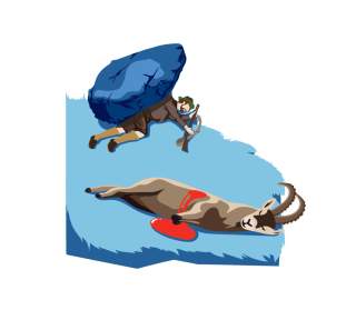 Illustration eines toten Steinbocks und eines erschlagenen Jägers