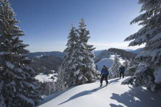 Zwei Menschen auf Skitour in verschneiter Winterlandschaft