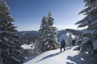Zwei Menschen auf Skitour in verschneiter Winterlandschaft Zwei Menschen auf Skitour in verschneiter Winterlandschaft