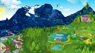 Illustration eines Alpenpanoramas mit Klimawandelfolgen und Anpassungsmaßnahmen.