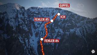 Verschneiter Berghang mit einer markierten Aufstiegsroute; entlang der Route sind die Punkte „FEHLER #4“, „FEHLER #5“, „ICH“ und am Gipfel „GIPFEL“ beschriftet.